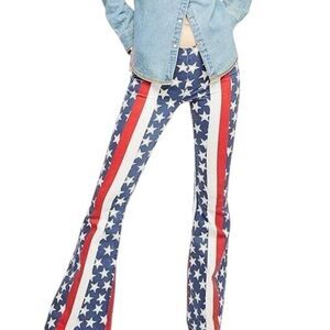 FREE PEOPLE Penny Pull-On Stars & Stripes Flare Bell Bottom Jeans Sz 25